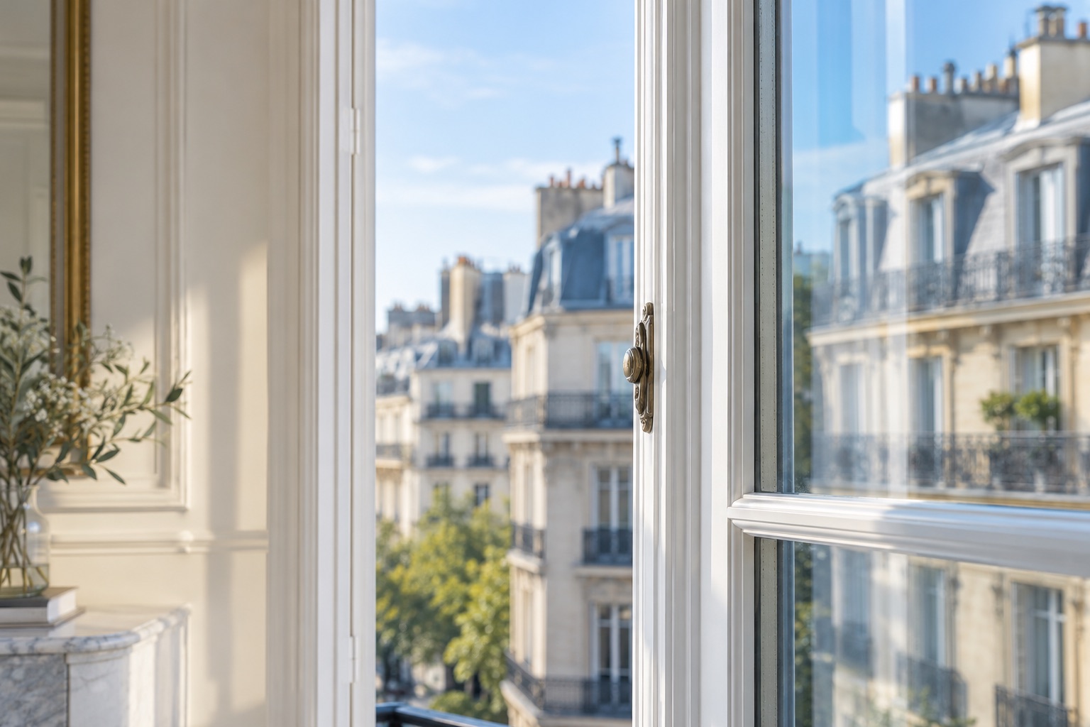 Illustration de vitrage donnant sur une façade parisienne